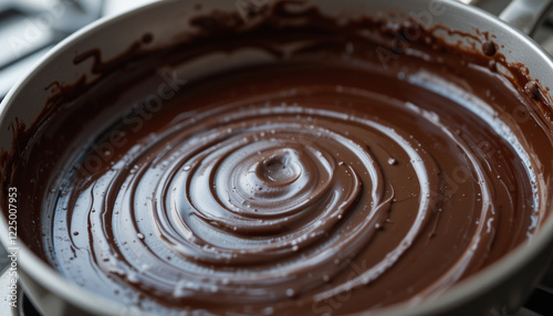 Close-up of a pan of melted chocolate, showing the rich texture and creamy consistency of the cocoa