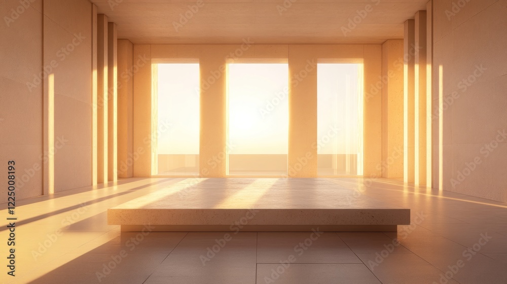 Fototapeta premium Minimalist interior space with an empty platform and three large windows letting in light
