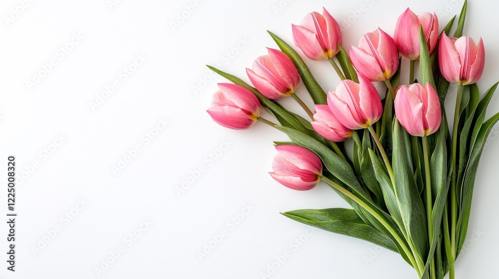 A Delicate Bouquet of Pink Tulips on White Background A Delicate Bouquet of Pink Tulips on White Background