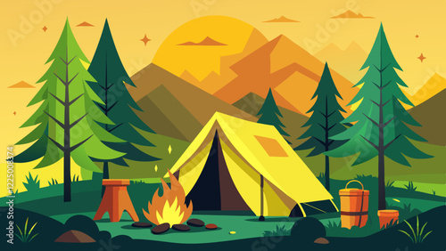 Empty forest touristic camp with tent and bonfire vector flat illustration. Equipment for adventure tourism and active lifestyle. Campsite or halt during travel, bus craft or backpacking 