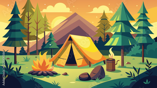 Empty forest touristic camp with tent and bonfire vector flat illustration. Equipment for adventure tourism and active lifestyle. Campsite or halt during travel, bus craft or backpacking 