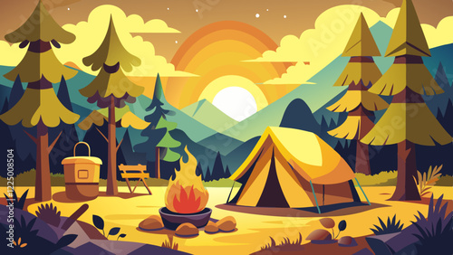 Empty forest touristic camp with tent and bonfire vector flat illustration. Equipment for adventure tourism and active lifestyle. Campsite or halt during travel, bus craft or backpacking 