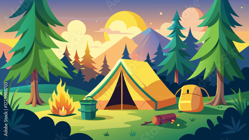 Empty forest touristic camp with tent and bonfire vector flat illustration. Equipment for adventure tourism and active lifestyle. Campsite or halt during travel, bus craft or backpacking 