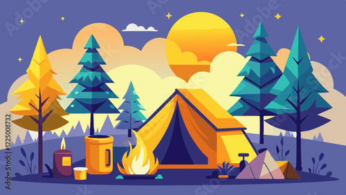 Empty forest touristic camp with tent and bonfire vector flat illustration. Equipment for adventure tourism and active lifestyle. Campsite or halt during travel, bus craft or backpacking 