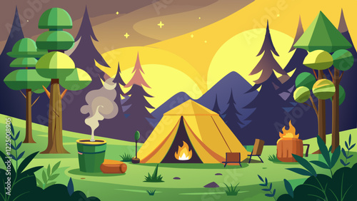 Empty forest touristic camp with tent and bonfire vector flat illustration. Equipment for adventure tourism and active lifestyle. Campsite or halt during travel, bus craft or backpacking 