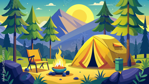 Empty forest touristic camp with tent and bonfire vector flat illustration. Equipment for adventure tourism and active lifestyle. Campsite or halt during travel, bus craft or backpacking 