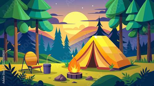 Empty forest touristic camp with tent and bonfire vector flat illustration. Equipment for adventure tourism and active lifestyle. Campsite or halt during travel, bus craft or backpacking 