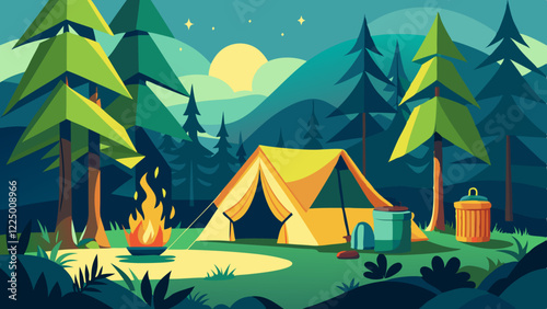 Empty forest touristic camp with tent and bonfire vector flat illustration. Equipment for adventure tourism and active lifestyle. Campsite or halt during travel, bus craft or backpacking 