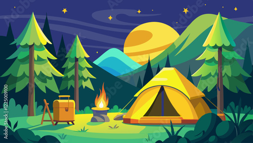 Empty forest touristic camp with tent and bonfire vector flat illustration. Equipment for adventure tourism and active lifestyle. Campsite or halt during travel, bus craft or backpacking 