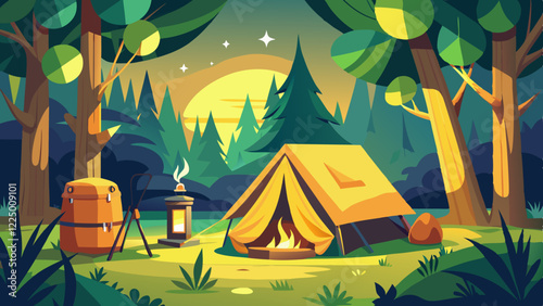 Empty forest touristic camp with tent and bonfire vector flat illustration. Equipment for adventure tourism and active lifestyle. Campsite or halt during travel, bus craft or backpacking 
