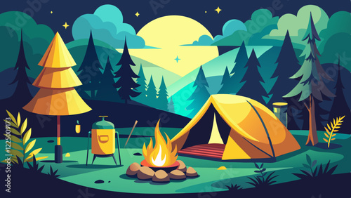 Empty forest touristic camp with tent and bonfire vector flat illustration. Equipment for adventure tourism and active lifestyle. Campsite or halt during travel, bus craft or backpacking 
