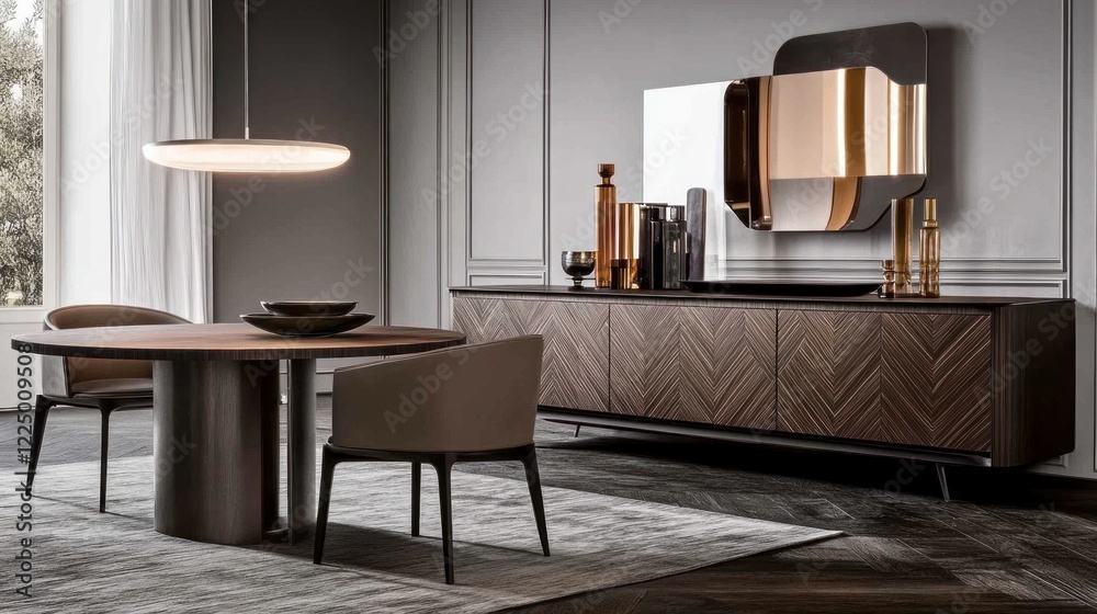 Fototapeta premium Modern dining room with wooden sideboard, round table, and chairs.