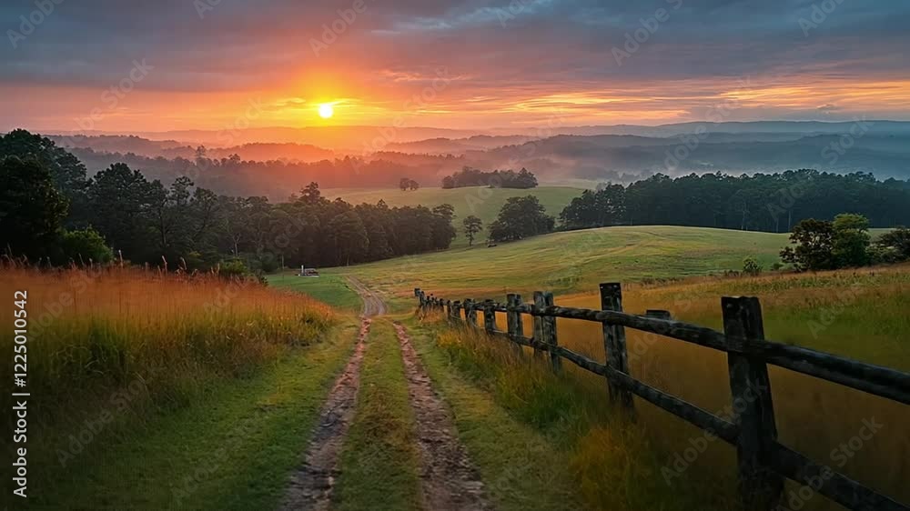 A serene sunrise over rolling hills, with a dirt path leading through lush greenery footage A serene sunrise over rolling hills, with a dirt path leading through lush greenery footage