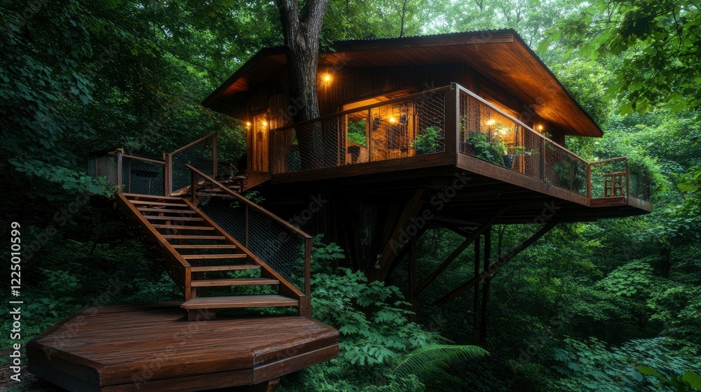A stunning and inviting treehouse retreat nestled among lush green trees in a serene forest setting, featuring natural wood and charming lighting. A stunning and inviting treehouse retreat nestled among lush green trees in a serene forest setting, featuring natural wood and charming lighting.