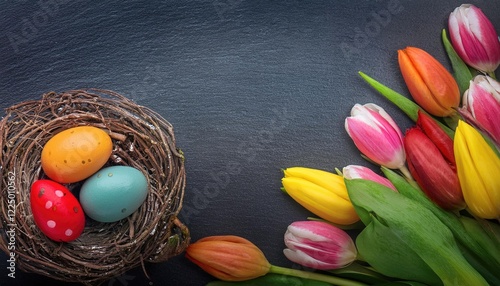 Colorful happy easter eggs in bird nest and tulips on dark empty slate stone blackboard  photo