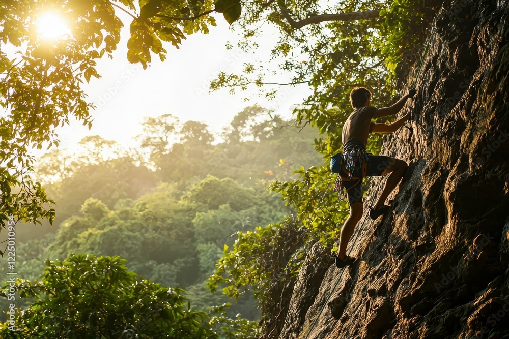 Fototapeta premium Man rock climbing up a steep mountain with copyspace.