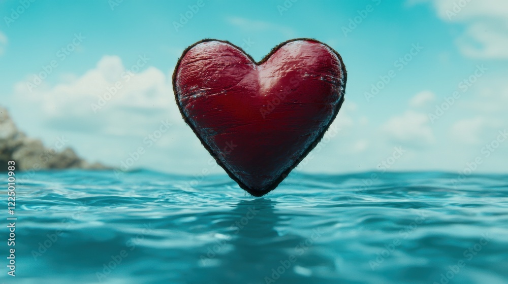 Fototapeta premium Red Heart Shape Floating on Calm Ocean Water a Summer Day