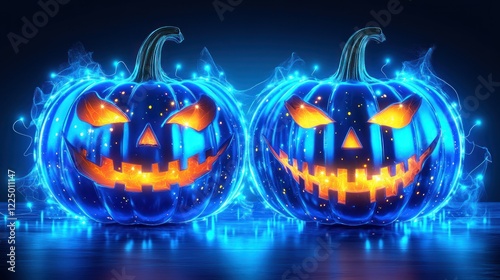 Glowing Blue Jack-o'-lanterns: A Spooky Halloween Digital Art