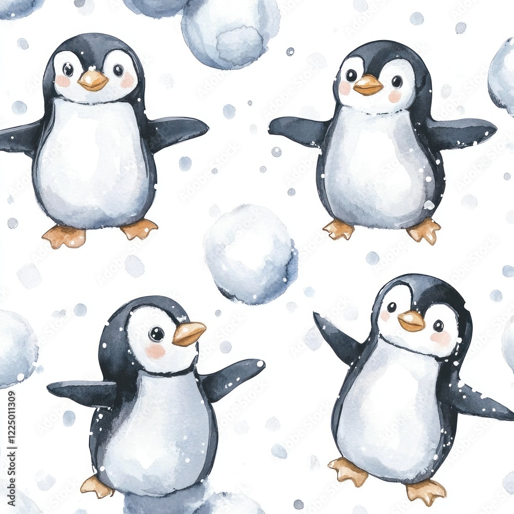Naklejka premium Playful Penguins Snowball Fight Winter Fun Pattern