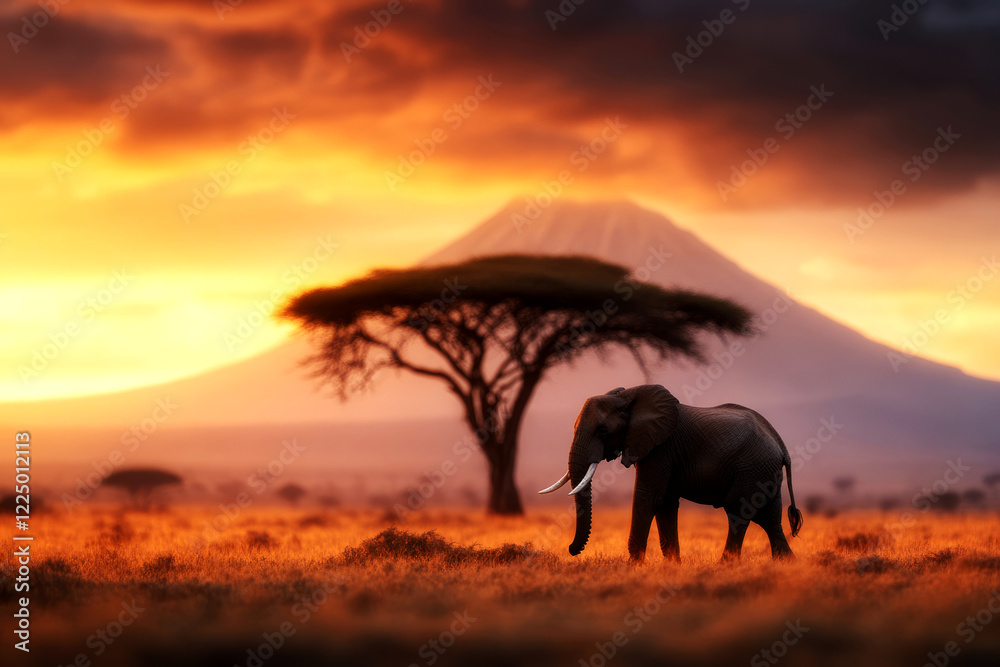 Fototapeta premium Biomass utilization in elephant habitats at mount kilimanjaro wildlife photography sunset landscape african savannah natural environment