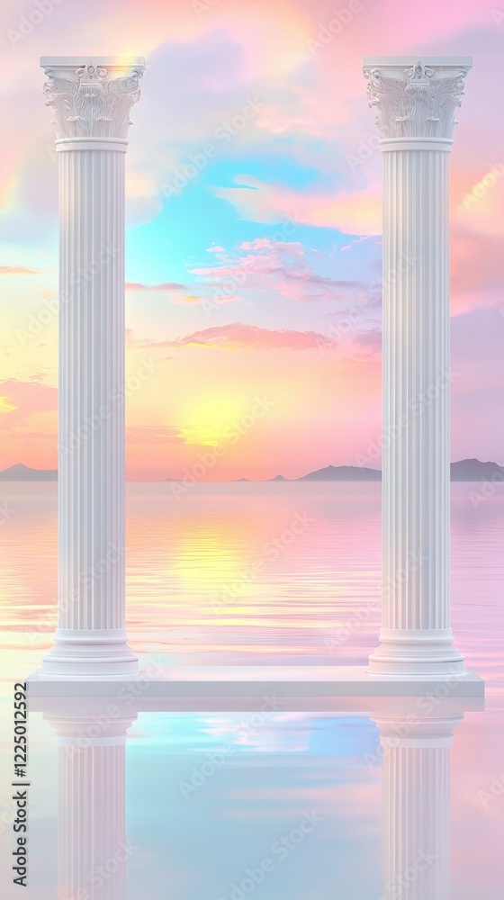 Two white pillars in a tranquil lake surrounded by a beautiful sunset and vibrant pink-blue sky Two white pillars in a tranquil lake surrounded by a beautiful sunset and vibrant pink-blue sky