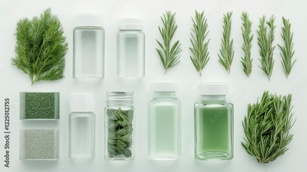 Fototapeta premium A curated collection of natural ingredients and essential oils arranged aesthetically for beauty or wellness themes