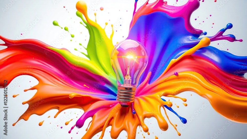 Obraz premium A light bulb bursting with an explosion of colorful paint, symbolizing the birth of new ideas and creative brainstorming concepts.