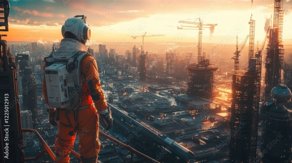 Architect in exosuit overlooking city. Architect in exosuit overlooking city.