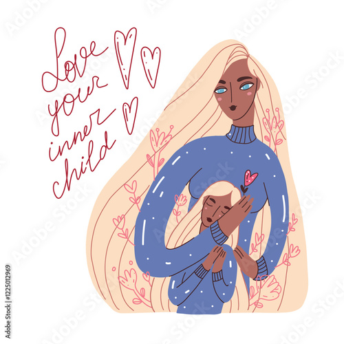 Vector illustration of a woman caring for her inner child, hugs symbolizing love and positive mental health. Includes flowers symbolizing therapy, peace and love.