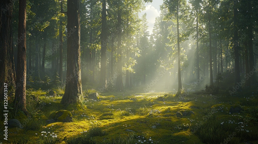 Obraz premium Sunbeams illuminate a misty forest path.