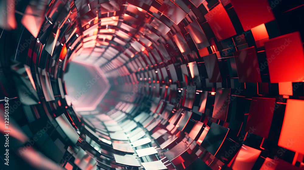 Obraz premium Abstract tunnel with reflective surfaces and vibrant colors creating a futuristic illusion.