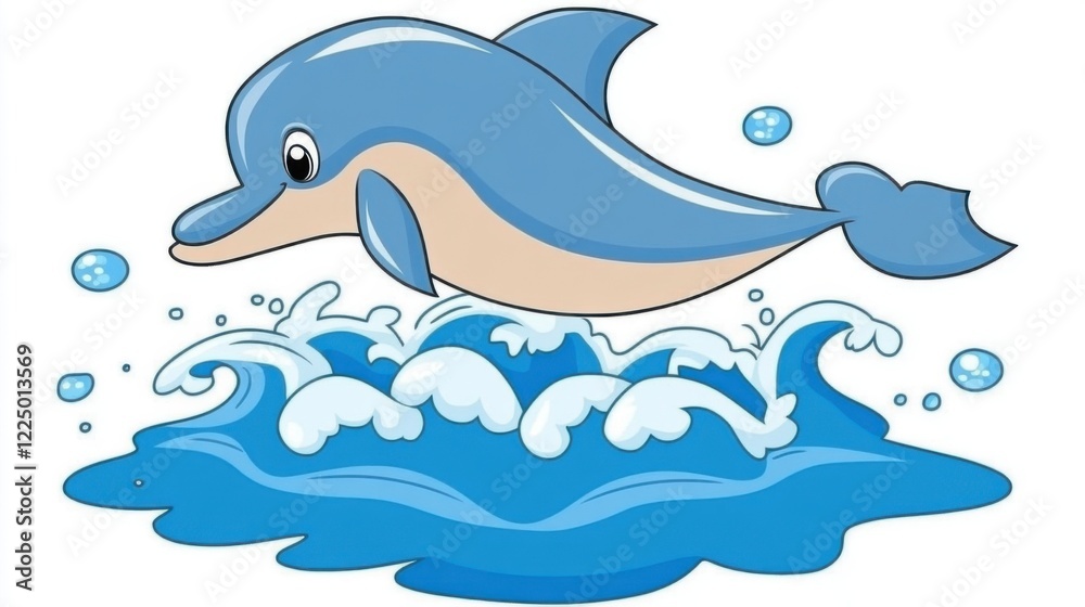 Cartoon Dolphin Leaping Over Waves with Bubbles on a White Background Illustration Cartoon Dolphin Leaping Over Waves with Bubbles on a White Background Illustration