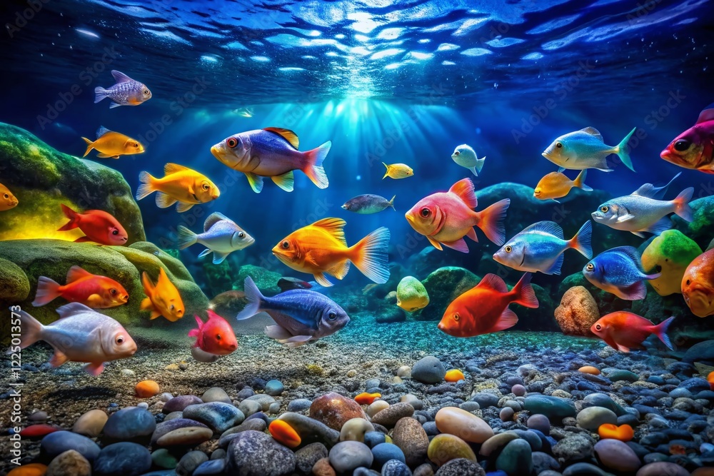 Fototapeta premium Vibrant Fish Swimming Over Smooth Pebbles - Serene Underwater Scene