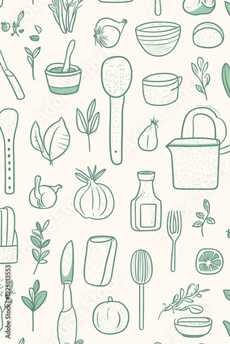 Simple Line Art Patterns of Food Illustrations and Kitchen Items