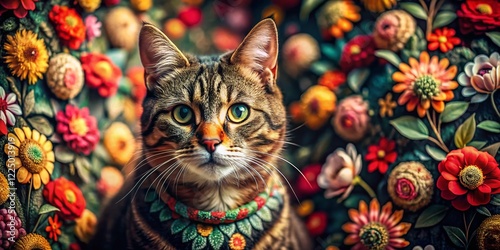 Vibrant Floral Cat Art Print Design - Cute Kitten with Flowers Illustration