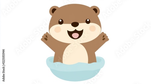 A cute cartoon otter with brown fur smiles and stretches its arms up from a blue container