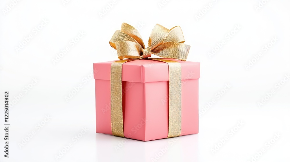 Fototapeta premium Pink gift box with gold ribbon, white background, celebration concept, for gifting