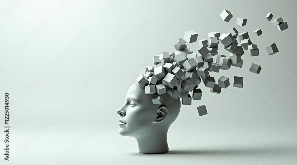 Floating cubes evolve above a stylized human head. Floating cubes evolve above a stylized human head.