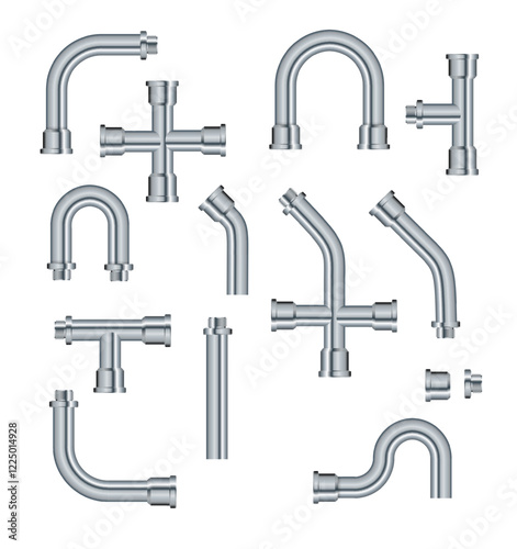 Pipe. Metallic pipes plumbing fittings. Industry pipeline. Vector