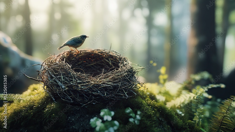 A small bird perches on the edge of its nest in a sun-drenched forest setting A small bird perches on the edge of its nest in a sun-drenched forest setting