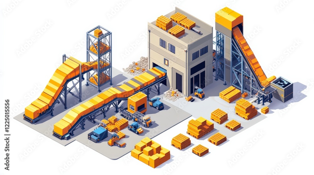 Obraz premium Industrial warehouse with conveyor belts transporting yellow boxes, showcasing logistics operations