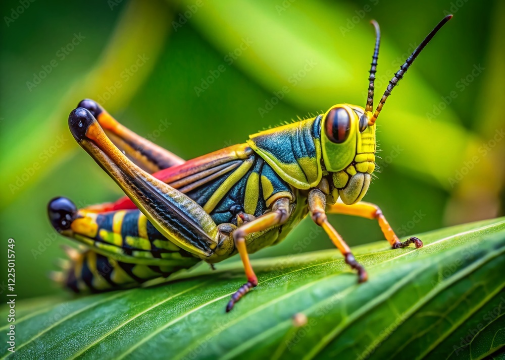 Vibrant Grasshopper Close-up: Yellow & Black Insect on Green Leaf - Drone Photography Vibrant Grasshopper Close-up: Yellow & Black Insect on Green Leaf - Drone Photography