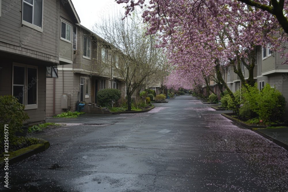Cherry Blossom Alley A serene alley lined with cherry blossom trees in full bloom, their pink petals scattered on the pathway Cherry Blossom Alley A serene alley lined with cherry blossom trees in full bloom, their pink petals scattered on the pathway