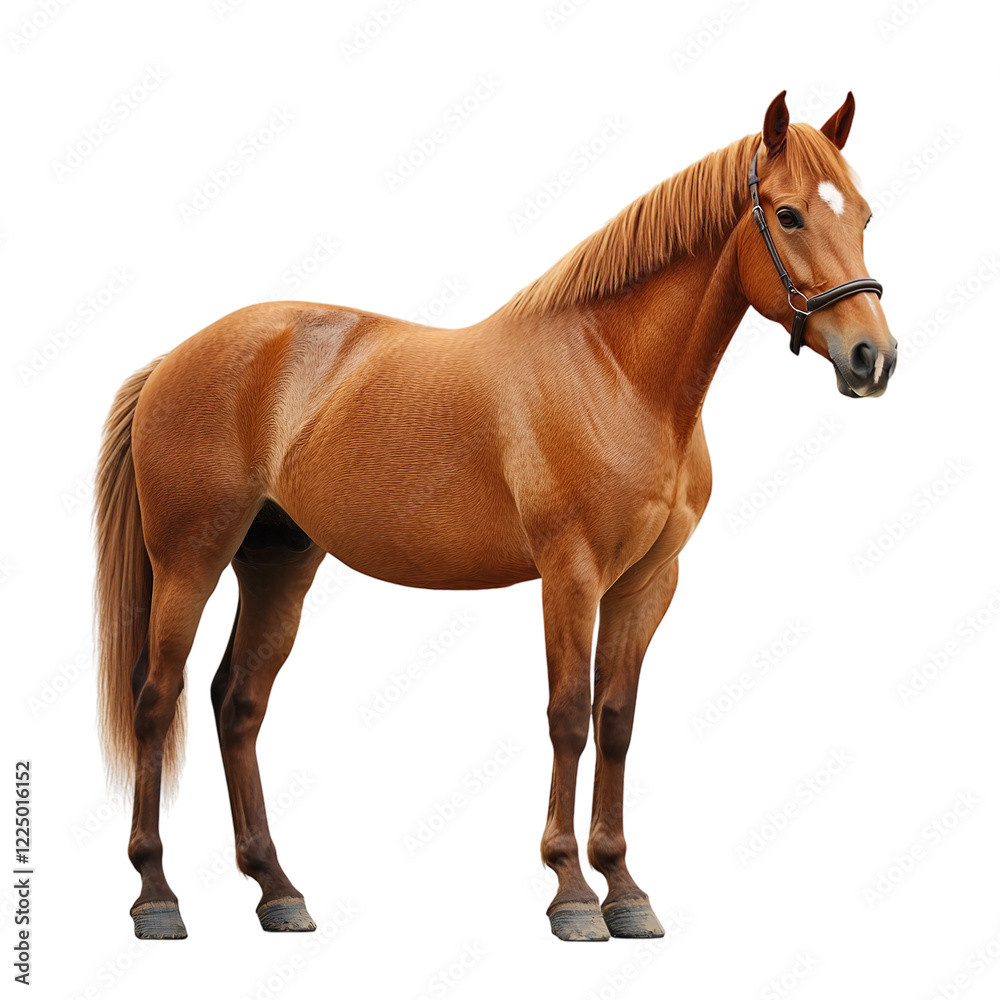 Fototapeta premium Brown horse stands in front of a white background