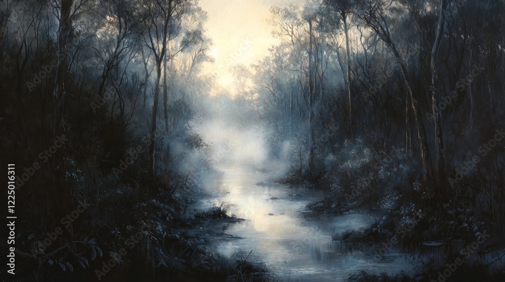 Fototapeta premium Serene dawn mist over tranquil forest stream.