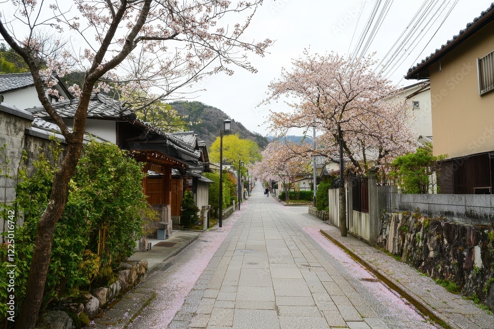 Fototapeta premium Cherry Blossom Alley A serene alley lined with cherry blossom trees in full bloom, their pink petals scattered on the pathway