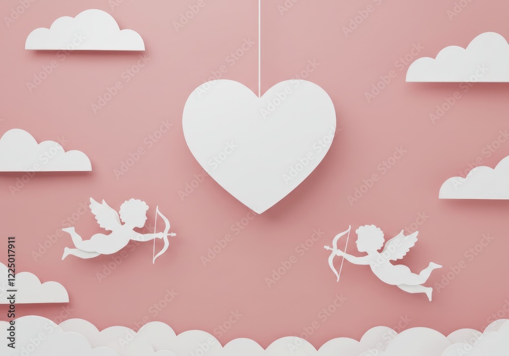 Two paper-cut cupids fly towards a hanging heart against a pink background with clouds. Two paper-cut cupids fly towards a hanging heart against a pink background with clouds.