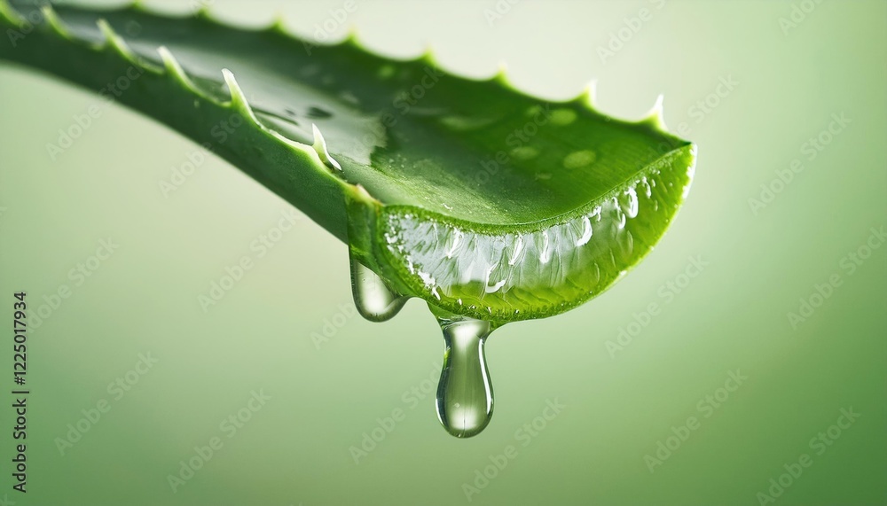 Fototapeta premium Aloe vera gel drips from a fresh slice of aloe vera
