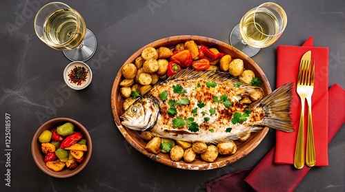 Grilled fish garnished with herbs on a plate surrounded by roasted potatoes, vegetables, and wine glasses. Elegant dining concept. Ai generative photo