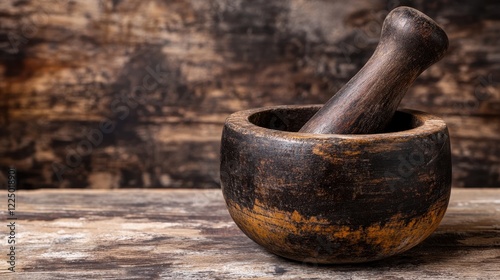 Rustic wooden mortar and pestle on a textured wooden table